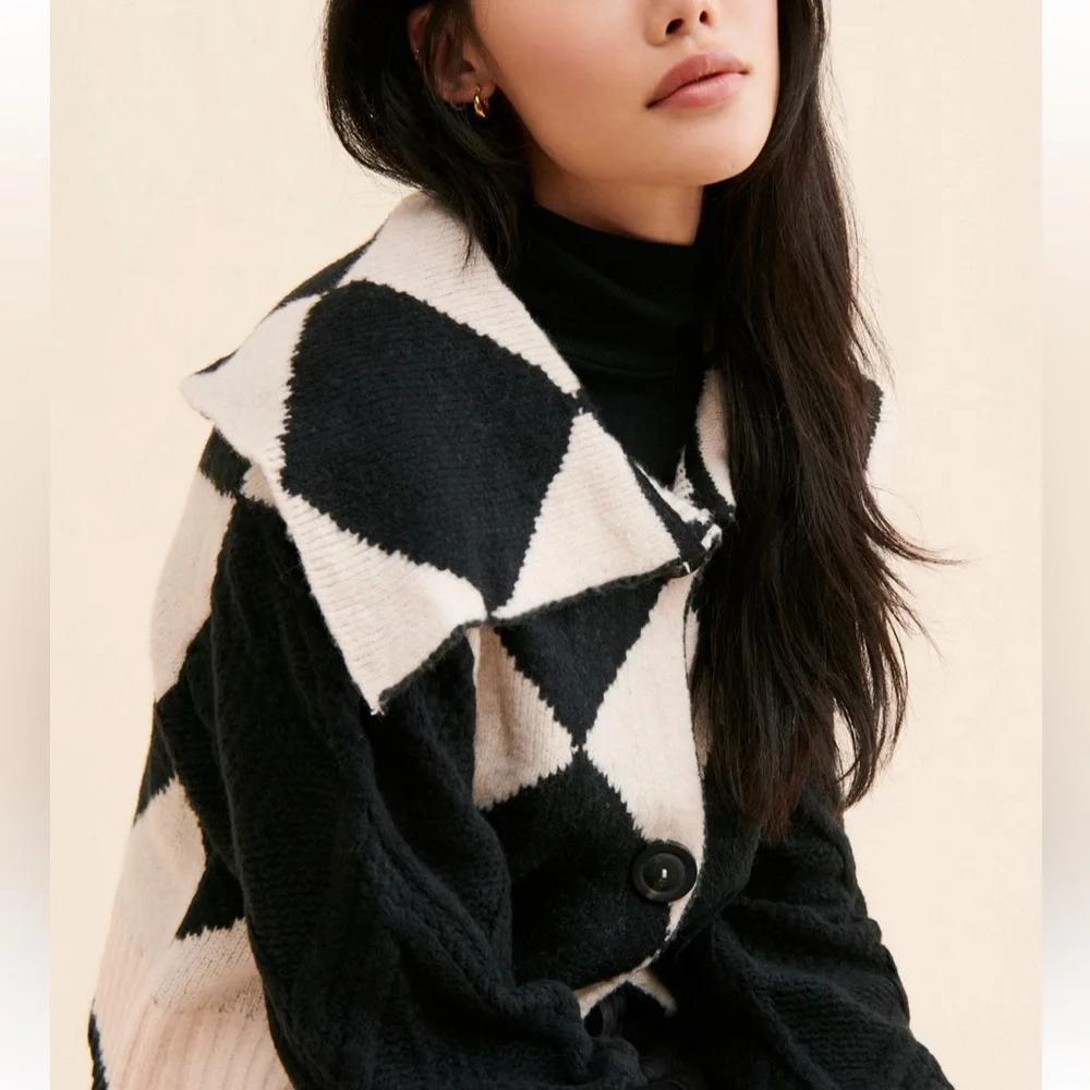 FREE PEOPLE WE THE FREE Joy Diamond Polo Cardigan Sweater in Black Cream size XS